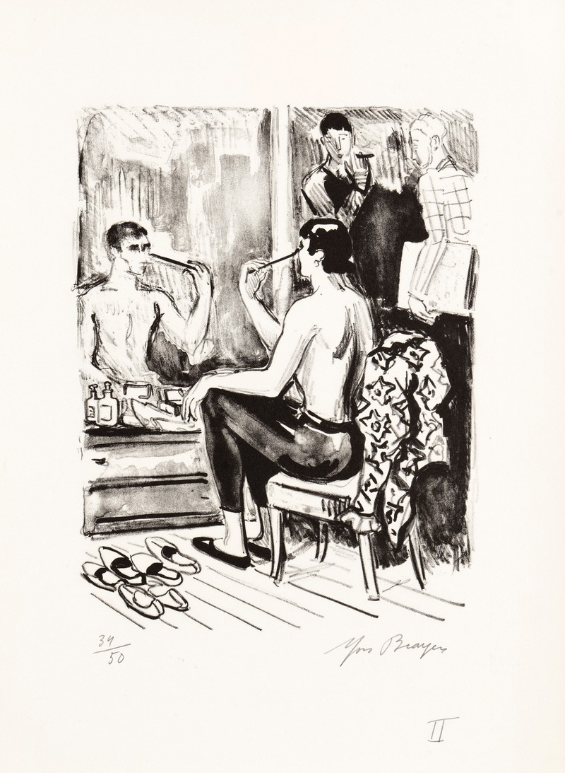 15-K783-YVES-BRAYER-SERGE-LIFAR-SE-MAQUILLANT-DANS-SA-LOGE-1969-Lithographie-26x20.5cm-Livre-La-danse-à-l’Opéra-